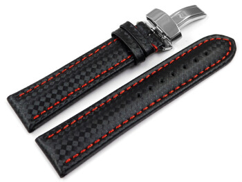 Kippfaltschließe - Uhrenarmband - Leder - Carbon - schwarz - rote Naht 20mm Stahl