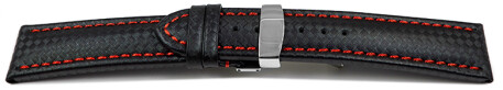 Kippfaltschließe - Uhrenarmband - Leder - Carbon - schwarz - rote Naht 24mm Stahl
