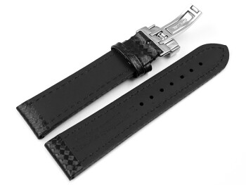 Kippfaltschließe - Uhrenarmband - Leder - Carbon - schwarz TiT 20mm Stahl