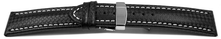 Kippfaltschließe - Uhrenarmband - Leder - Carbon - schwarz - weiße Naht 20mm Stahl