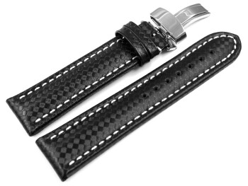 Kippfaltschließe - Uhrenarmband - Leder - Carbon - schwarz - weiße Naht 20mm Stahl