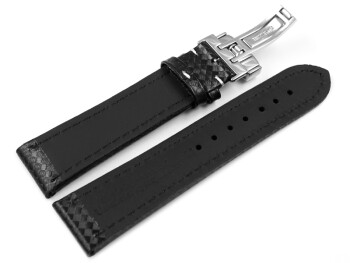 Kippfaltschließe - Uhrenarmband - Leder - Carbon - schwarz - weiße Naht 20mm Stahl