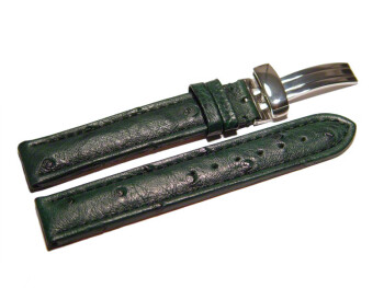 Kippfaltschließe - Uhrenarmband - echt Strauß - dunkelgrün 20mm Stahl