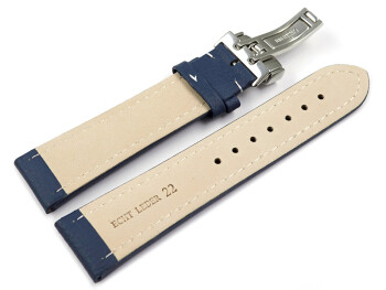Kippfaltschließe - Uhrenarmband - Leder - genarbt - blau 22mm Gold