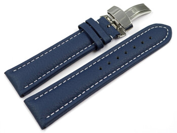 Kippfaltschließe - Uhrenarmband - Leder - genarbt - blau 24mm Stahl
