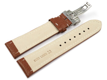 Kippfaltschließe - Uhrenarmband - Leder - genarbt - hellbraun 22mm Stahl
