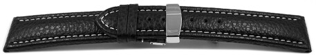 Kippfaltschließe - Uhrenarmband - Leder - genarbt - schwarz weiße Naht 18mm Stahl