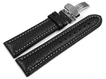 Kippfaltschließe - Uhrenarmband - Leder - genarbt - schwarz weiße Naht 20mm Stahl