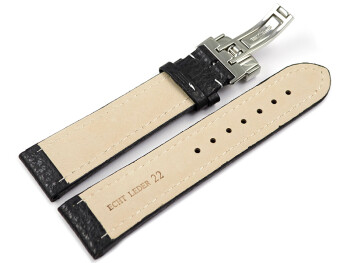 Kippfaltschließe - Uhrenarmband - Leder - genarbt - schwarz weiße Naht 20mm Gold