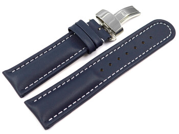 Kippfaltschließe - Uhrenarmband - Leder - glatt - dunkelblau 18mm Stahl