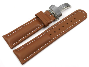 Kippfaltschließe - Uhrenarmband - Leder - glatt - hellbraun 20mm Stahl