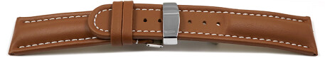 Kippfaltschließe - Uhrenarmband - Leder - glatt - hellbraun 24mm Stahl