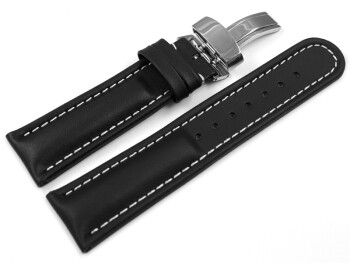 Kippfaltschließe - Uhrenarmband - Leder - glatt - schwarz 20mm Stahl