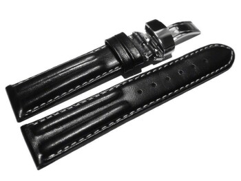 Kippfaltschließe - Uhrenarmband - Leder - glatt - zwei Wülste - schwarz 20mm Stahl