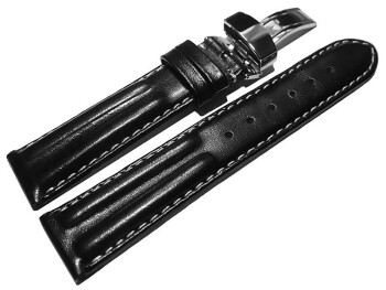 Kippfaltschließe - Uhrenarmband - Leder - glatt - zwei Wülste - schwarz 20mm Stahl