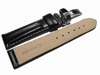 Kippfaltschließe - Uhrenarmband - Leder - glatt - zwei Wülste - schwarz 20mm Stahl