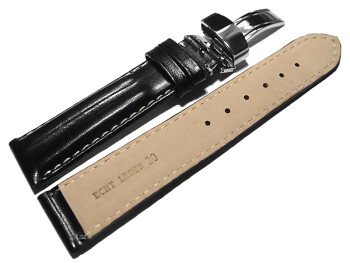 Kippfaltschließe - Uhrenarmband - Leder - glatt - zwei Wülste - schwarz 20mm Gold