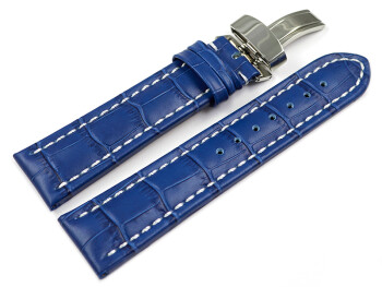 Kippfaltschließe - Uhrenarmband - Leder - Kroko - blau 22mm Stahl