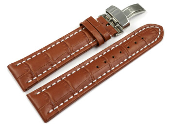 Kippfaltschließe - Uhrenarmband - Leder - Kroko - hellbraun 22mm Stahl