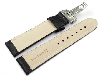 Kippfaltschließe - Uhrenarmband - Leder - Kroko - schwarz TiT 22mm Gold