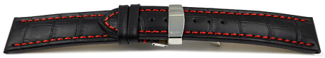 Kippfaltschließe - Uhrenarmband - Leder - Kroko - schwarz - rote Naht 18mm Stahl