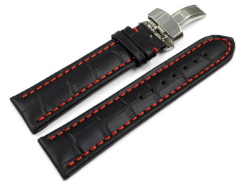 Kippfaltschließe - Uhrenarmband - Leder - Kroko - schwarz - rote Naht 20mm Stahl