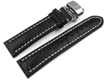 Uhrenarmband mit Butterfly Schließe Leder Kroko schwarz mit weißer Naht 22mm Stahl