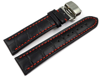 Uhrenarmband mit Butterfly Schließe Leder Kroko schwarz rote Naht 18mm schwarz