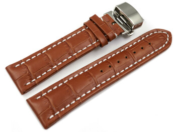 Uhrenarmband mit Butterfly Schließe Leder Kroko hellbraun XL 20mm schwarz