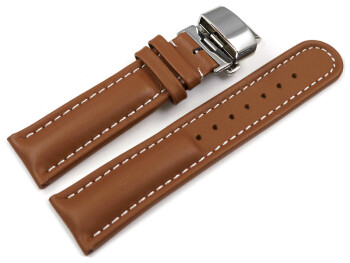Uhrenarmband mit Butterfly Schließe Leder glatt hellbraun 20mm Gold
