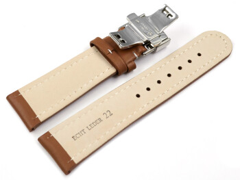 Uhrenarmband mit Butterfly Schließe Leder glatt hellbraun 22mm Stahl