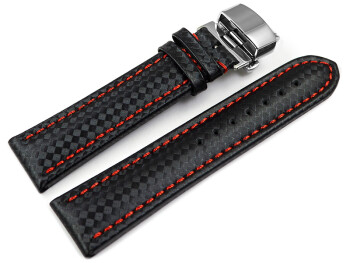 Butterfly - Leder - Carbon Prägung - schwarz - rote Naht 22mm schwarz