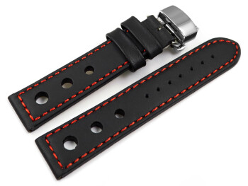 Uhrenband mit Butterfly Schließe Leder gelocht glatt schwarz rote Naht 18mm schwarz