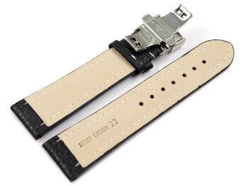 Uhrenarmband mit Butterfly gepolstert genarbt schwarz weiße Naht 24mm Gold