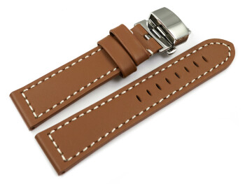 Uhrenarmband mit Butterfly Schließe Leder massiv hellbraun 20mm schwarz
