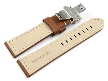 Uhrenarmband mit Butterfly Schließe Leder massiv hellbraun 22mm Gold
