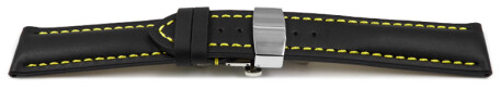 Uhrenband mit Butterfly stark gepolstert glatt schwarz gelbe Naht 22mm Stahl
