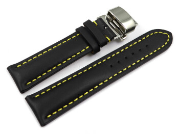 Uhrenband mit Butterfly stark gepolstert glatt schwarz gelbe Naht 22mm Stahl