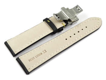 Uhrenband mit Butterfly stark gepolstert glatt schwarz gelbe Naht 22mm Stahl