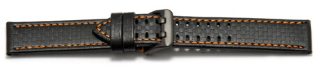 Uhrenarmband - Leder schwarz - Carbon Prägung - Doppeldorn schwarz - orange Naht