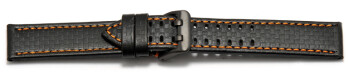 Uhrenarmband - Leder schwarz - Carbon - Doppeldorn schwarz - orange Naht