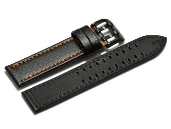 Uhrenarmband - Leder schwarz - Carbon - Doppeldorn schwarz - orange Naht