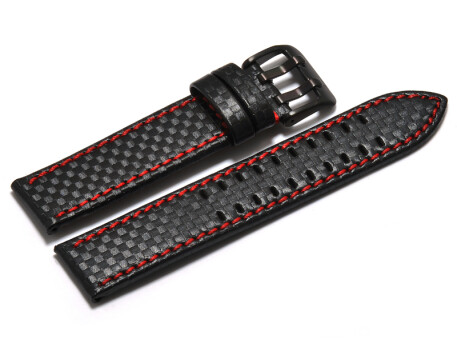 Uhrenarmband - Leder schwarz - Carbon Prägung - Doppeldorn schwarz - rote Naht