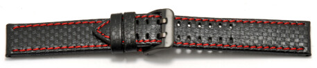 Uhrenarmband - Leder schwarz - Carbon Prägung - Doppeldorn schwarz - rote Naht
