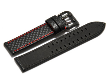 Uhrenarmband Leder schwarz Carbon Doppeldorn schwarz rote Naht 24mm