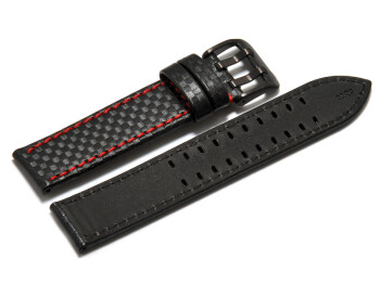 Uhrenarmband - Leder schwarz - Carbon - Doppeldorn schwarz - rote Naht