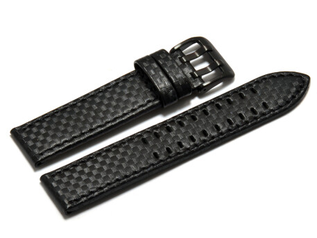 Uhrenarmband - Leder schwarz - Carbon Prägung - Doppeldorn schwarz - schwarze Naht