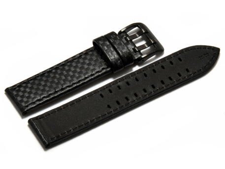 Uhrenarmband - Leder schwarz - Carbon Prägung - Doppeldorn schwarz - schwarze Naht