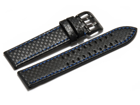 Uhrenarmband - Leder schwarz - Carbon Prägung - Doppeldorn schwarz - blaue Naht