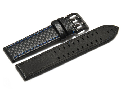 Uhrenarmband - Leder schwarz - Carbon Prägung - Doppeldorn schwarz - blaue Naht